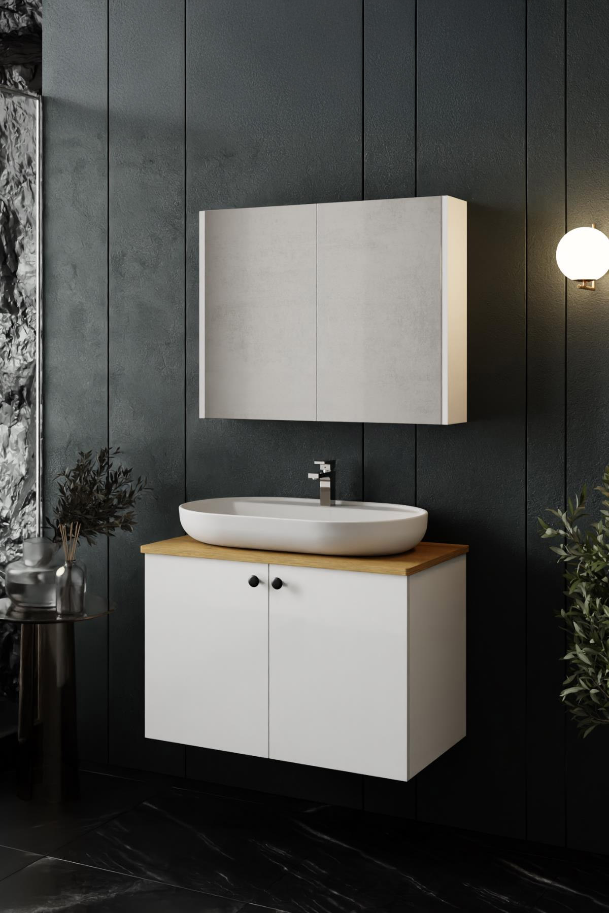 Beyaz Tezgahlı Banyo Dolabı Takimi 80 CM - Mekan Kapı 