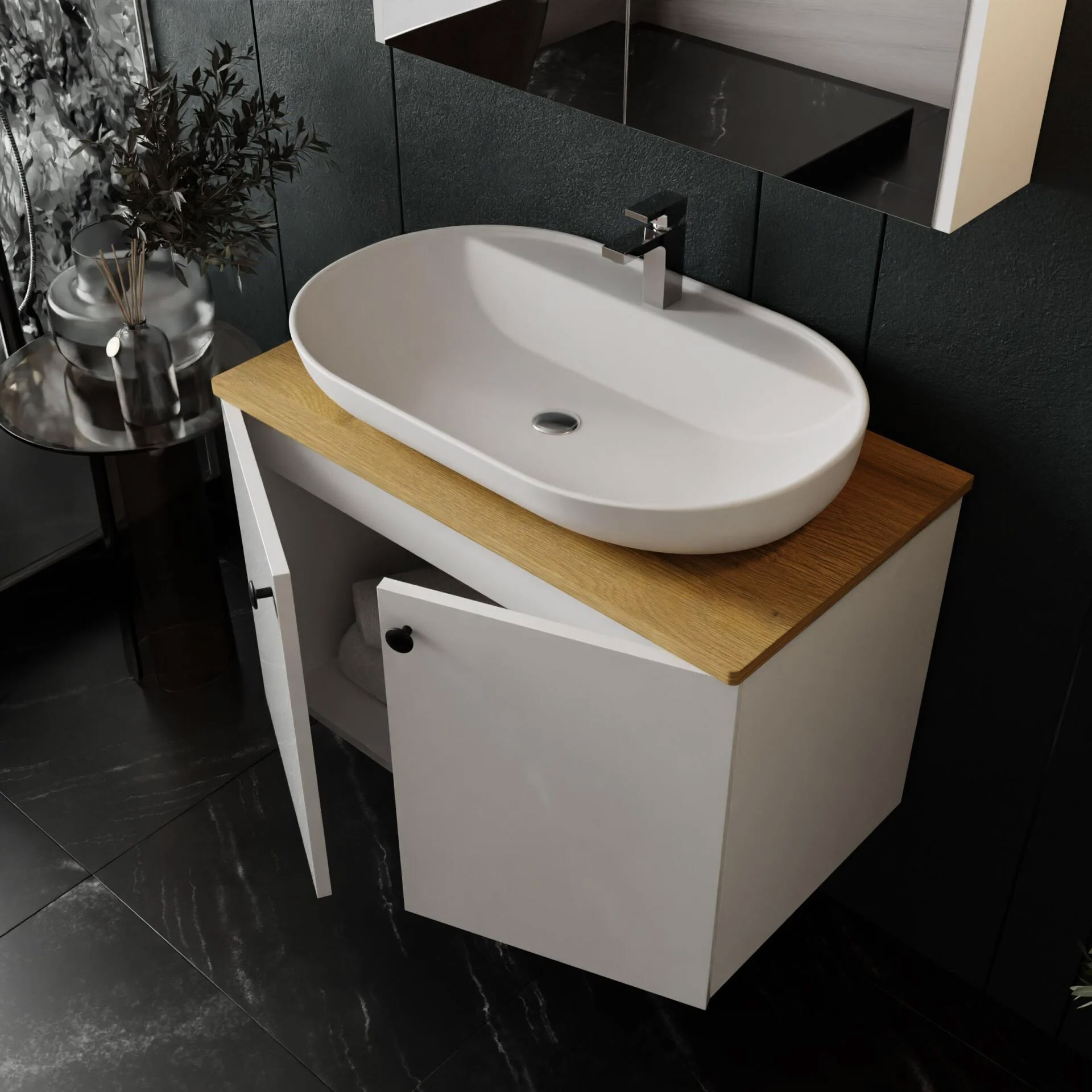 Beyaz Tezgahlı Banyo Dolabı Takimi 80 CM Banyo Dolap Modeli | Mekan Kapı 