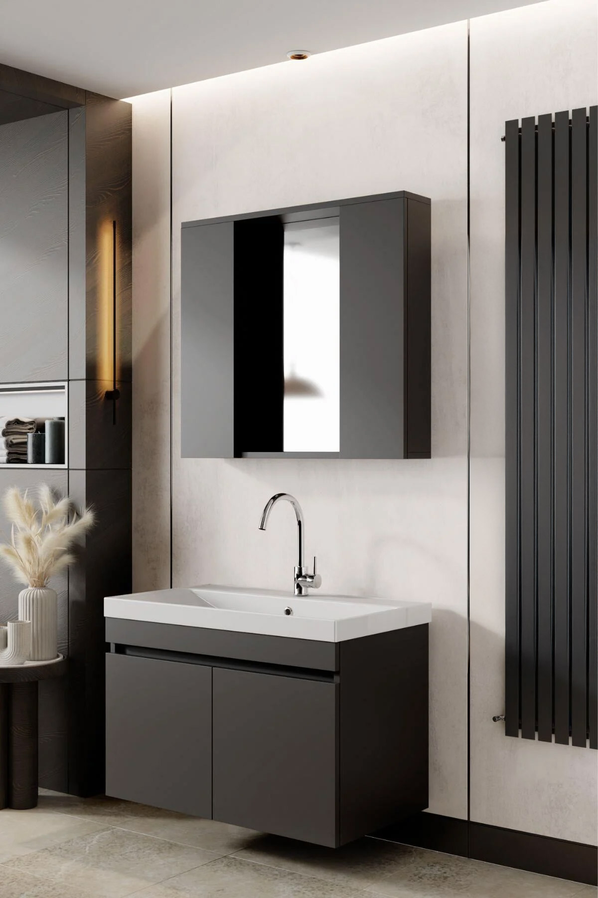 Karen Banyo Arya Banyo Dolabı Seti 80 CM Mat Antrasit - Mekan Kapı 