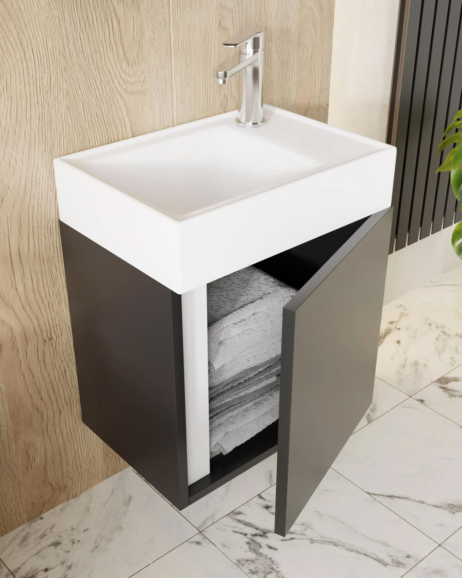 Karen Banyo Kemer 45 CM Lavabolu Aynalı Banyo Dolabı Mat Antrasit Banyo Dolap Modeli | Mekan Kapı 