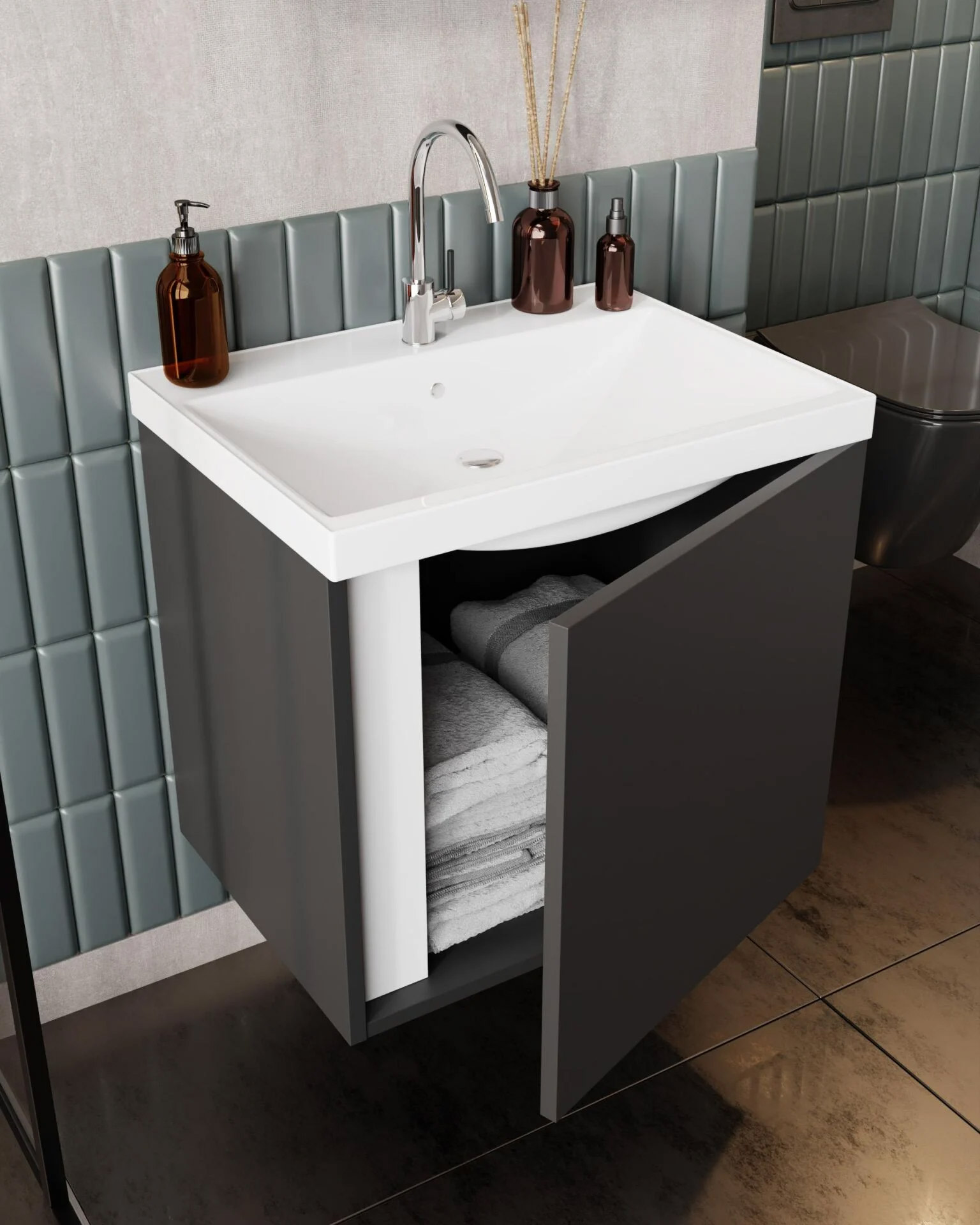 Karen Banyo Kemer 60 CM Lavabolu Aynalı Banyo Dolabı Mat Antrasit Banyo Dolap Modeli | Mekan Kapı 