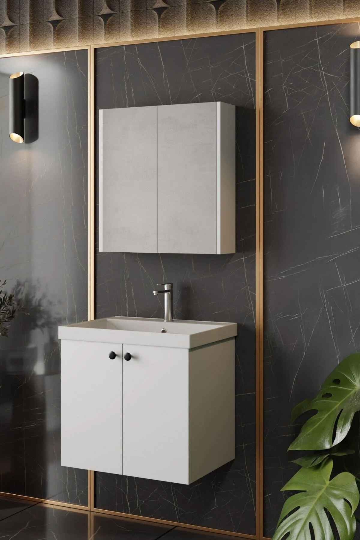 Karen Banyo Mimoza 60 CM Lavabolu Aynalı Banyo Dolabı Seti - Mekan Kapı 